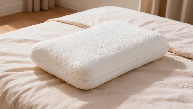 White orthopedic memory foam pillow on a cozy bed with beige linens. Concept of healthy sleep, bedroom comfort, ergonomic bedding, home relaxation, and interior minimalism