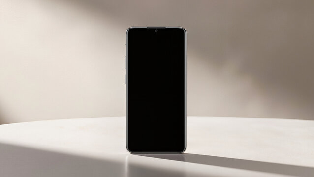 modern mobile phone,
Clean aesthetic with soft wall shadows.
Modern handheld technology on plain surface.
Elegant mockup for digital screen content,
Centered smartphone with black blank screen.