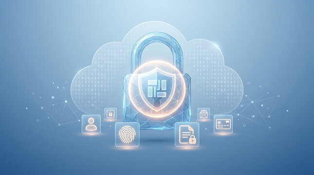Digital padlock securing personal data and online privacy protection, cloud computing security concept with encrypted information flow, modern cybersecurity 