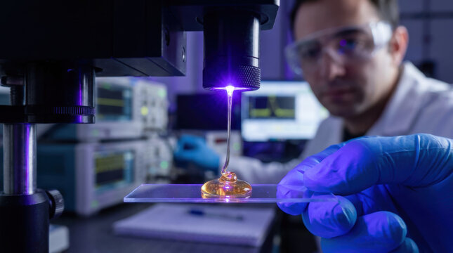 R&D Engineer, Resin hardening under ultraviolet light in laboratory with scientist wearing gloves