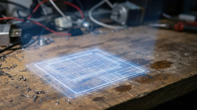 R&D Engineer, Blueprint projected onto wooden workbench with metal shavings and electronic components