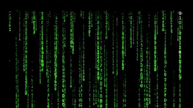 A striking visual of cascading green digital code against a stark black background evokes a futuristic and technological aesthetic.