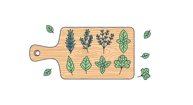 Wooden cutting board with herbs on it.