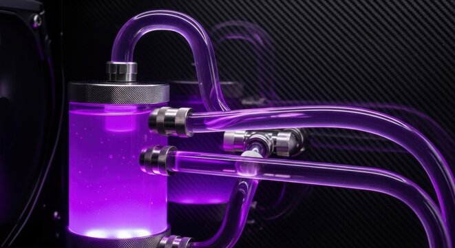 Vibrant purple liquid cooling system with glowing tubes for custom PC hardware
