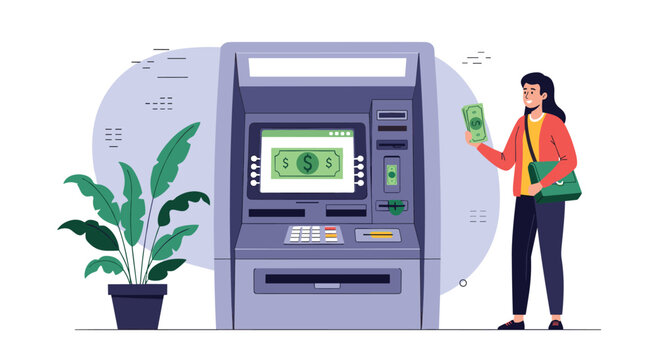 Young woman standing by automated teller machine and holding cash after successful money withdrawal at a bank branch office.