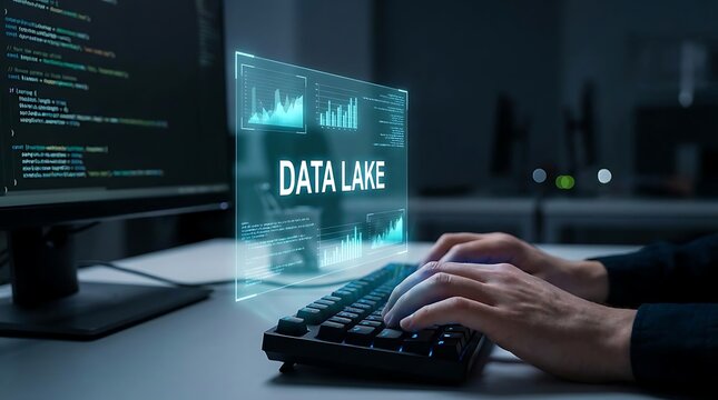Programmer working on data lake project at office using advanced technology to analyze information on holographic display with code visible on computer screen monitor.