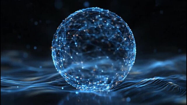 A mesmerizing digital artwork depicts a glowing, interconnected sphere suspended in a dark, futuristic environment, symbolizing global networks and technological innovation.