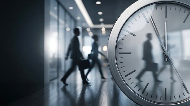 Conceptual image of a clock face overlaying a blurred office hallway with business people walking, symbolizing time management and corporate productivity imagine studio