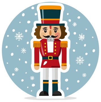 Festive cartoon nutcracker soldier in uniform with top hat and falling snowflakes