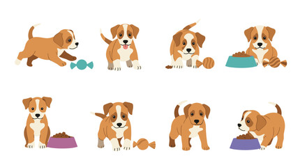 Fototapeta premium Cute puppy character set showing small dogs in different playful poses with toys food bowls and treats on a white background.