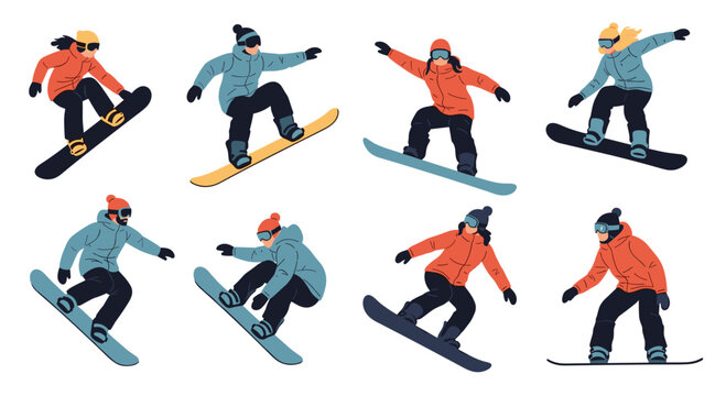 Dynamic snowboarding character set showing people in various jumps and poses wearing colorful winter gear and safety equipment.