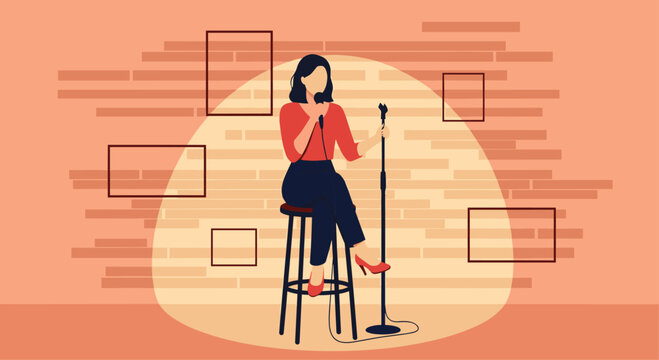 Female stand-up comedian performing a comedy show on stage under a bright spotlight with a microphone and brick wall.