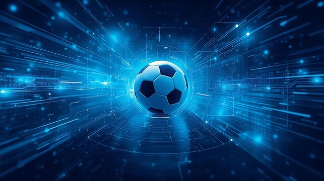 A football placed on an abstract blue tech environment made of floating data panels, illuminated circuitry patterns, and cyber-inspired energy streams, blending sports imagery a sleek digital future