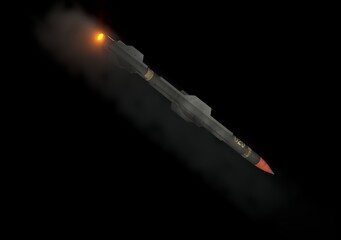 Fototapeta premium A combat rocket is flying in a dark night sky, smoke and fire from the rocket. Concept: missile attack. Missile isolated on black background. Cruise missile. Military rocket. Army rocket.