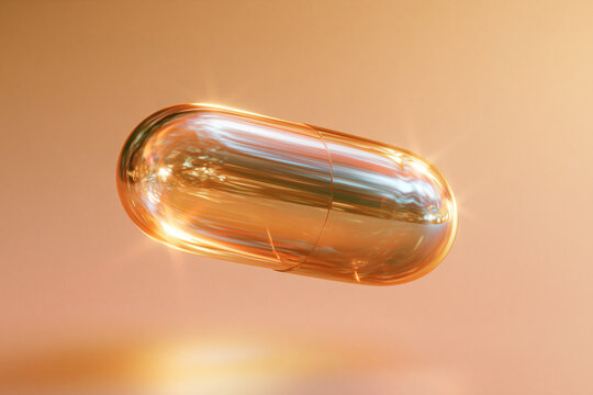 Minimal medicine capsule design with glossy texture and modern lighting for pharmacy, biotech and wellness themed media projects.