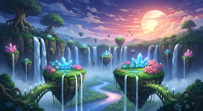 A breathtaking fantasy landscape unfolds with floating islands, cascading waterfalls, and glowing crystals, creating a serene and magical ethereal rea.