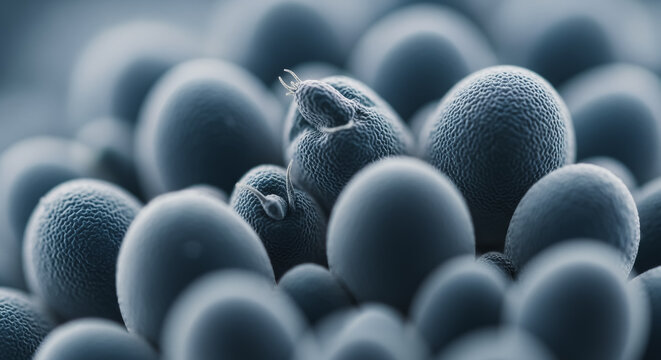 Microscopic View of Budding Yeast Cells or Fungal Spores in High Detail Scientific Illustration