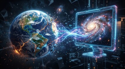 Fototapeta premium A futuristic digital image depicts the Earth shattering into fragments, with a monitor displaying a swirling galaxy.