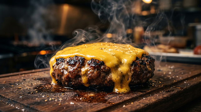 Sizzling gourmet cheeseburger with melting golden cheese on a rustic wooden board, fresh from the grill