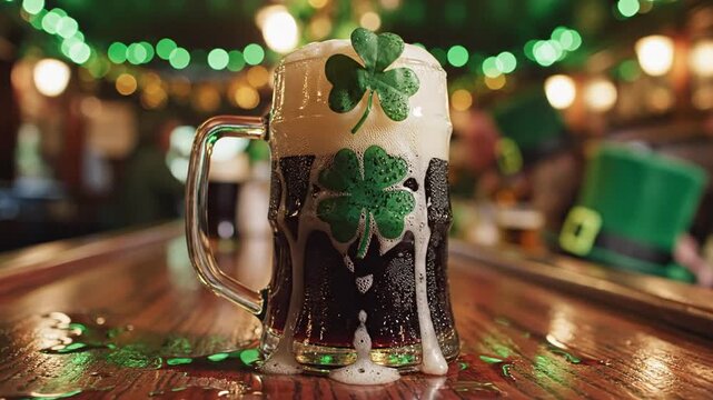 St Patricks Day Beer Mug with Shamrock Decorations on Bar.