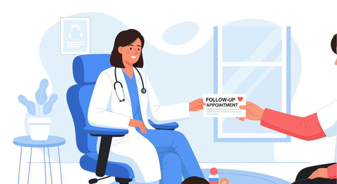 Doctor gives patient a follow-up appointment card in a clinic examination room