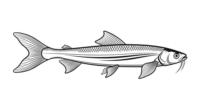Detailed black and white line drawing of a slender freshwater fish with barbels and multiple fins on a plain white background.