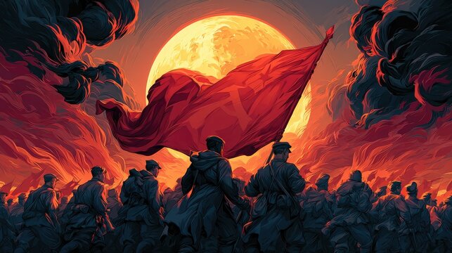 Growth and Expansion in Business and Career Development: Resolute Soldiers Marching Forward Under a Fiery Sun with Red Flag, Symbolizing Determination, Teamwork