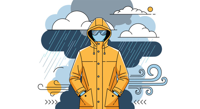 Detailed flat vector illustration of a person wearing a yellow raincoat and sunglasses during a storm with wind and rain.
