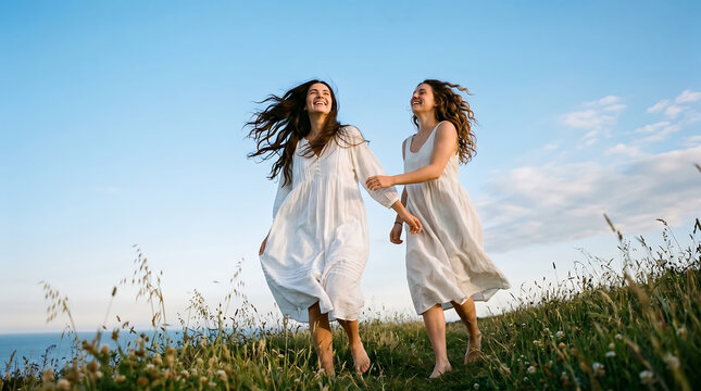 Two happy young women in white dresses walking barefoot in a grassy field under a blue sky, enjoying nature and freedom.