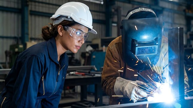 Professional inspector engineer monitoring skilled worker performing precise metal welding inside industrial factory setting during daytime shift at metal workshop bench.