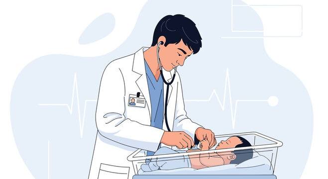 Doctor examines newborn baby in incubator with stethoscope, medical checkup, healthcare concept