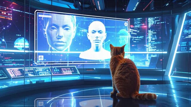 A ginger cat observes a futuristic screen displaying human faces