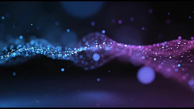 A mesmerizing abstract visualization depicts a flowing network of interconnected points and lines illuminated by vibrant blue and magenta hues against a dark background.
