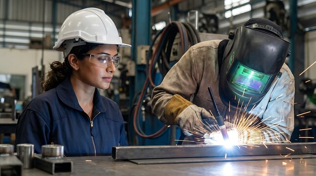 Professional inspector engineer monitoring skilled worker performing precise metal welding inside industrial factory setting during daytime shift at metal workshop bench.