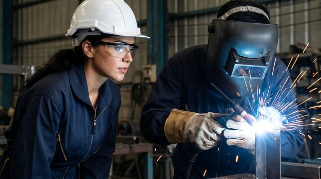 Professional inspector engineer monitoring skilled worker performing precise metal welding inside industrial factory setting during daytime shift at metal workshop bench.