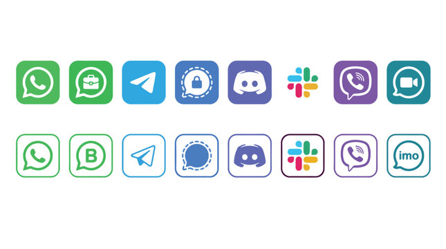 social media icon set or social network logos, whatsapp, telegram, signal, discord, slack, viber, imo, chat apps, messaging icons, communication symbols, flat vector icon, contact us web icons set