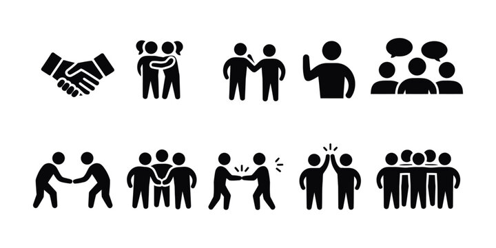 Collection of diverse pictogram icons representing human connection teamwork collaboration and social interaction concept design illustration.