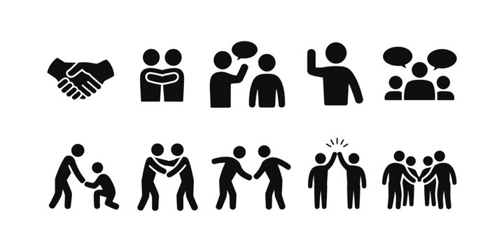 Collection of diverse pictogram icons representing human connection teamwork collaboration and social interaction concept design illustration.