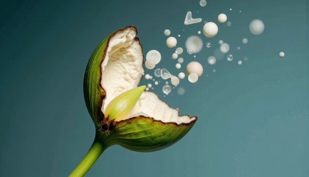 Macro Close-Up of Whimsical Green Pod Bursting with Creamy Filling Against Aqua Background