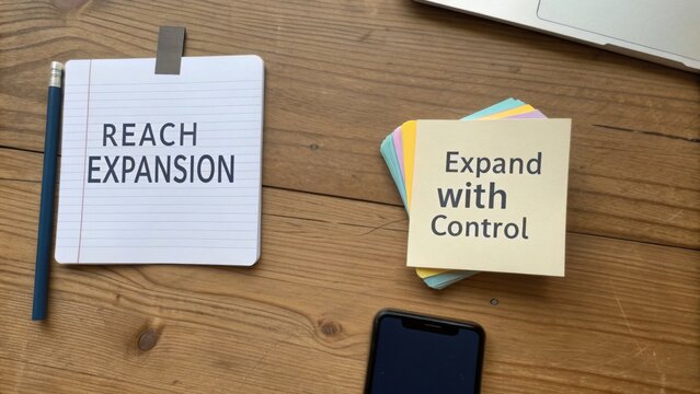 Business notes with strategic messages for expansion and control on a wooden desk