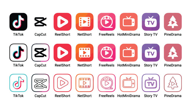 social media icon set or social network logos, tiktok, capcut, reelshort, netshort, freereels, hotminidrama, story tv, pinedrama, video streaming and editing app icons, flat vector logo collection