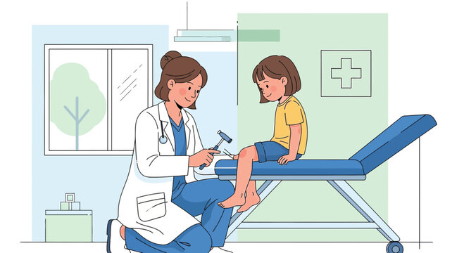Doctor examines child's knee reflex with reflex hammer in clinic examination room