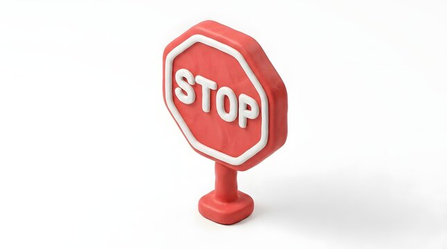 A 3D render of a red octagonal stop sign with white lettering that reads 'STOP' displayed on a plain white background, casting a subtle shadow