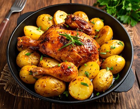 Roasted chicken and potatoes in a cast-iron skillet