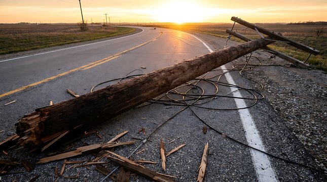Fallen utility pole on roadside with power lines scattered and broken wood against sunset sky with orange glow illuminating landscape.