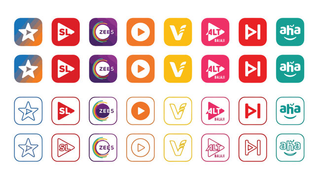Indian OTT streaming service icon set or media network logos, Disney+ Hotstar, SonyLIV, Zee5, Voot, ALT Balaji, Aha, MX Player, vector app icons. Video entertainment networking apps flat collection.