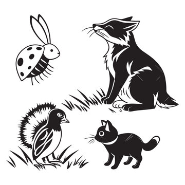 Black and white illustration of cat kitten bird ladybug in grass