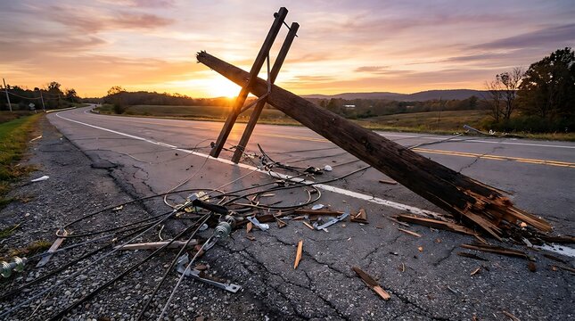Fallen utility pole on roadside with power lines scattered and broken wood against sunrise sky with golden light illuminating rolling hills.
