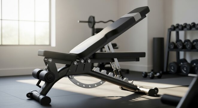 Adjustable black and grey weight bench in a modern fitness gym setting with weights rack in background