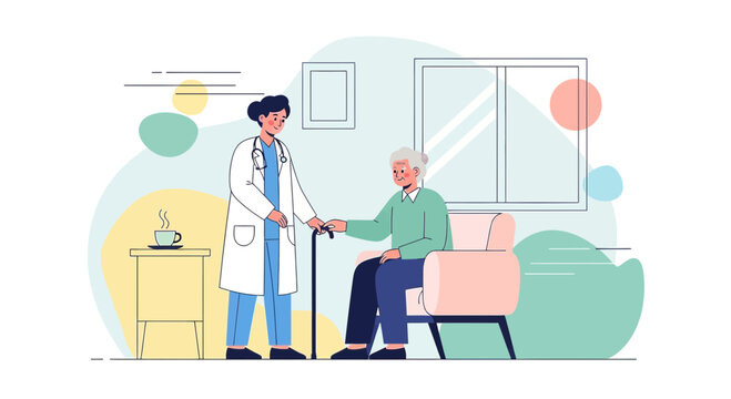 Doctor caring for elderly patient at home, medical consultation, support and healthcare